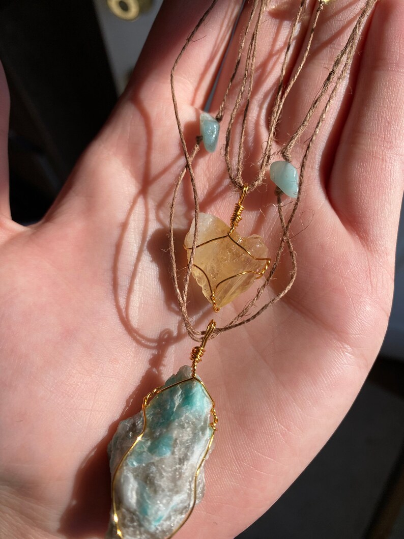 Citrine Gold Plated Wire Wrapped Crystal 23\u201d Natural Hemp Necklace with Citrine /& Tigers Eye Beads