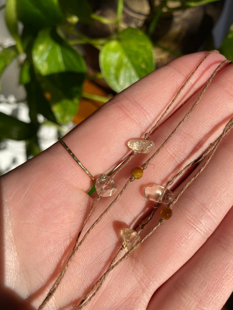 Citrine Gold Plated Wire Wrapped Crystal 23\u201d Natural Hemp Necklace with Citrine /& Tigers Eye Beads