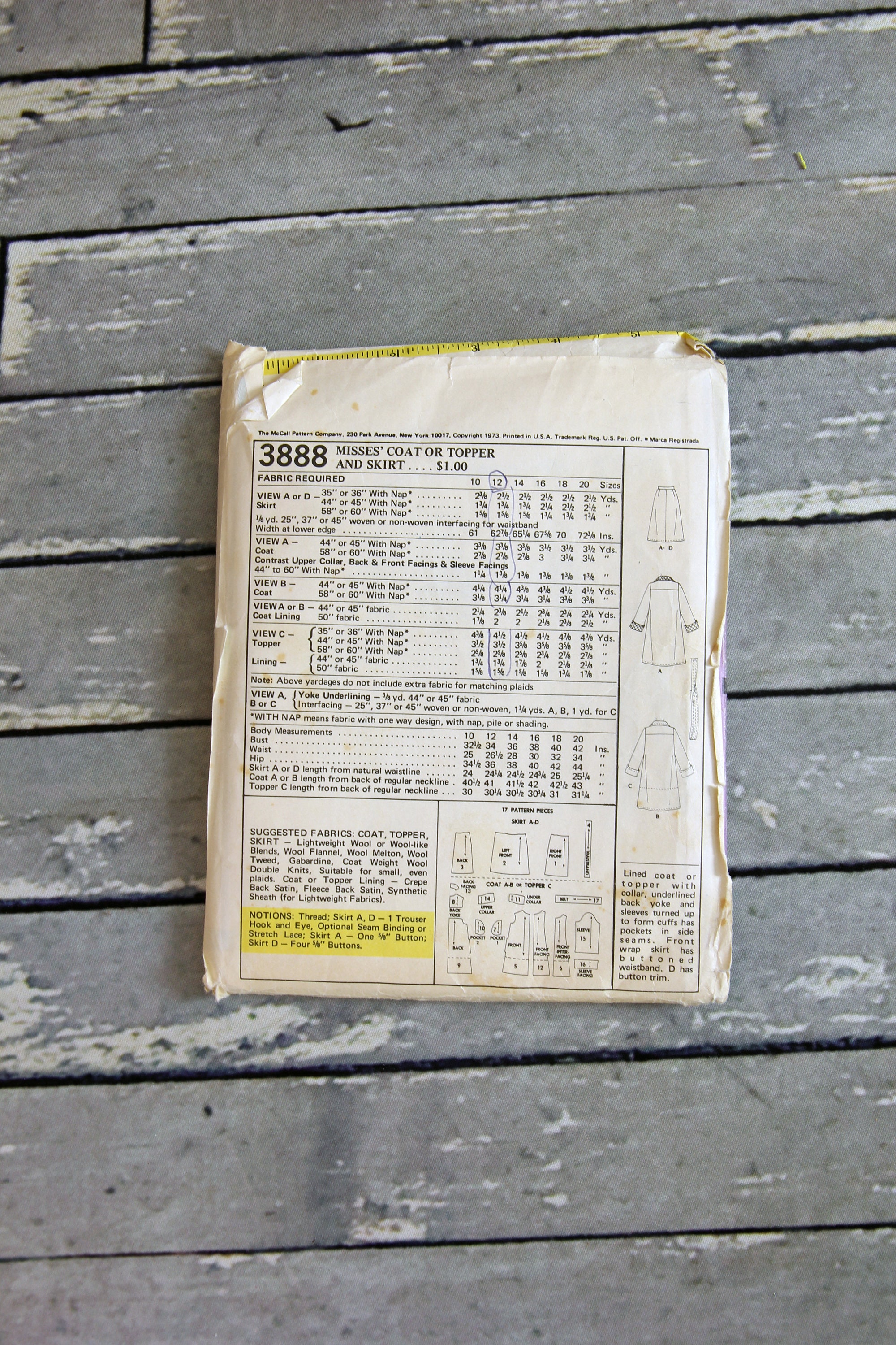 Vintage McCall's Sewing Pattern 3888 Misses' Coat or Topper and Skirt ...