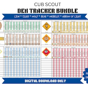 May include: A Cub Scout Den Tracker Bundle featuring six printable charts for Lion, Tiger, Wolf, Bear, Webelos, and Arrow of Light ranks. The digital document includes columns for required and elective activities, rank-specific icons, and name fields.