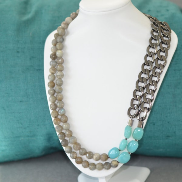 Statement Necklace Chunky Chain Necklace Assymetrical Blue and Grey Chain and Beaded Necklace