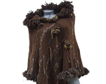 Knit hooded womens poncho, Thick brown fringed cape, Heavy warm boucle sweater with hood and fringes