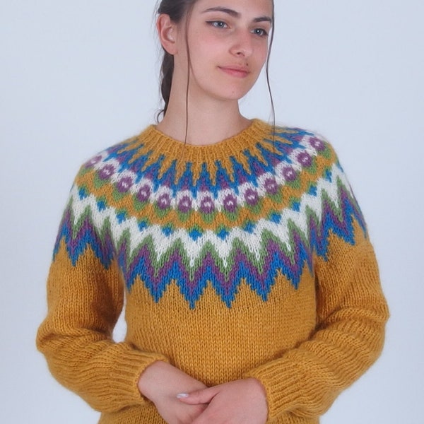 Colorful nordic sweater, Fuzzy mohair wool pullover, Fluffy winter icelandic sweater, Soft icelandic jumper, Traditional hand knit sweater