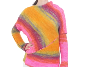 Colorful asymmetrical ombre sweater, Multicolor fall knit jumper for women, Lightweight pink wool blouse, Striped, Color block, Gradient