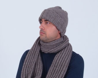 Men's winter hat and scarf set, Thick chunky hand knit winter beanie, Alpaca wool winter hat, Warm merino wool beanie and scarf