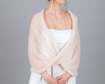 Twisted wedding shawl wrap, Mohair bridal cape, Infinity capelet for bride, Sheer plus size wedding cover up, Cream ivory white sweater