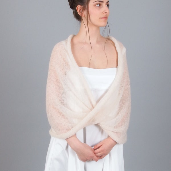 Twisted wedding shawl wrap, Mohair bridal cape, Infinity capelet for bride, Sheer plus size wedding cover up, Cream ivory white sweater