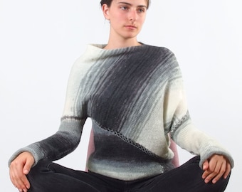 Gray asymmetrical ombre sweater, Fall knit jumper for women, Wool striped blouse, Color block, Gradient, Fall apparel