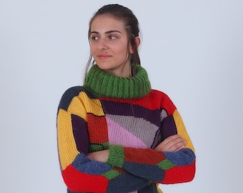 Patchwork turtleneck mohair sweater, Hand knit color block jumper, Roll neck asymmetrical abstract sweater, Multicolor winter sweater