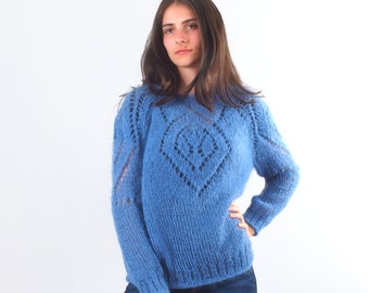 Hand knit mohair sweater, Fluffy soft wool jumper for women, Blue handknit long sleeve sweater
