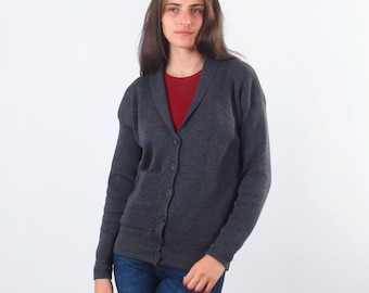 Button up pure Merino wool cardigan with patch pocket, 100% wool fine knit sweater, Dark gray thick warm soft merino cardigan, Shawl collar