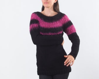 Fuzzy mohair winter sweater for women, 100% hand knit wool jumper, Warm and cozy ladies sweater in black, Soft and fluffy