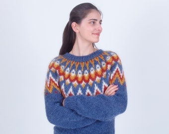 Colorful nordic sweater, Fuzzy mohair wool pullover, Fluffy winter icelandic sweater, Soft icelandic jumper, Traditional hand knit sweater