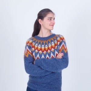 Colorful nordic sweater, Fuzzy mohair wool pullover, Fluffy winter icelandic sweater, Soft icelandic jumper, Traditional hand knit sweater