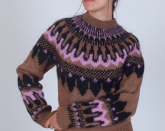 Hand knit icelandic sweater in brown and pink, Scandinavian jumper, Cozy winter wool nordic sweater, Norwegian pullover