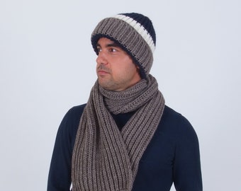 Men's winter hat scarf set, Thick chunky hand knit winter beanie, Alpaca wool winter hat, Warm merino wool beanie and scarf