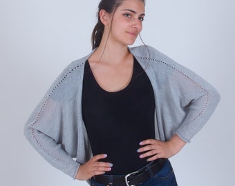 Bolero de lana merino puro encogerse de hombros, cárdigan recortado delantero abierto, bolero de manga Dolman, encogimiento de hombros de talla grande, suéter de punto fino para encogerse de hombros