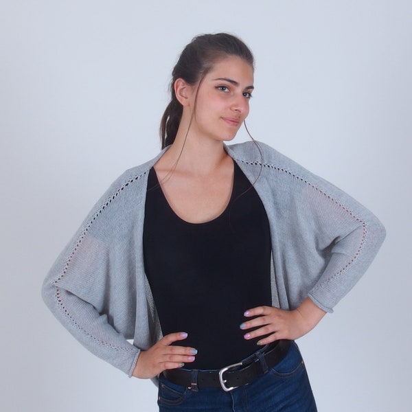 Haussement d’épaules en boléros en laine mérinos pure, cardigan recadré à l’avant ouvert, boléro à manches Dolman, haussement d’épaules taille Plus, pull en tricot fin