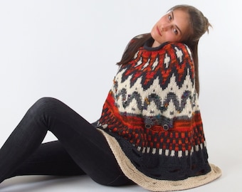 Hand knit winter poncho sweater, Colorful boho womens cape with arm holes, Knitted wool poncho, Unique heavy warm poncho