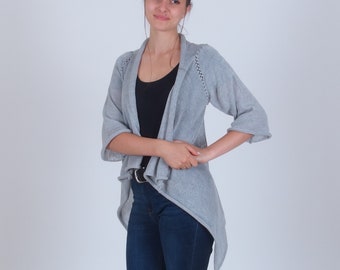 Merino wool flowy cardigan sweater, Drapey open front light grey cardigan, Lightweight fall autumn cardigan, Super soft pure natural wool