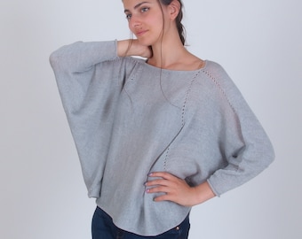Merino wool batwing sleeve sweater, Dolman sleeve roomy knit blouse, Light gray lightweight oversized pullover, Soft warm 100% natural wool