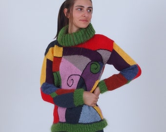 Pull mohair à col roulé, Pull en bloc de couleur tricoté à la main, Pull abstrait asymétrique patchwork, Pull d’hiver multicolore, Col roulé