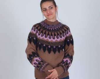 Nordic sweater in brown and pink, Scandinavian jumper, Cozy wool icelandic sweater, Norwegian pullover, Helloween vintage movie sweater