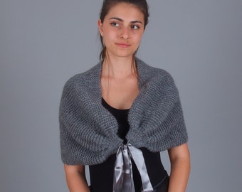 Wedding bolero shrug, Bridal shawl wrap, Tie front hand knit shrug, Bridesmaid shrug bolero, Short knitted cover up capelet, Blue and white