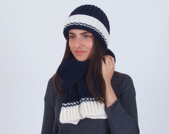 Ensemble bonnet et écharpe d'hiver pour femme, bonnet d'hiver épais tricoté à la main, bonnet d'hiver en laine d'alpaga, bonnet et écharpe chauds en laine mérinos