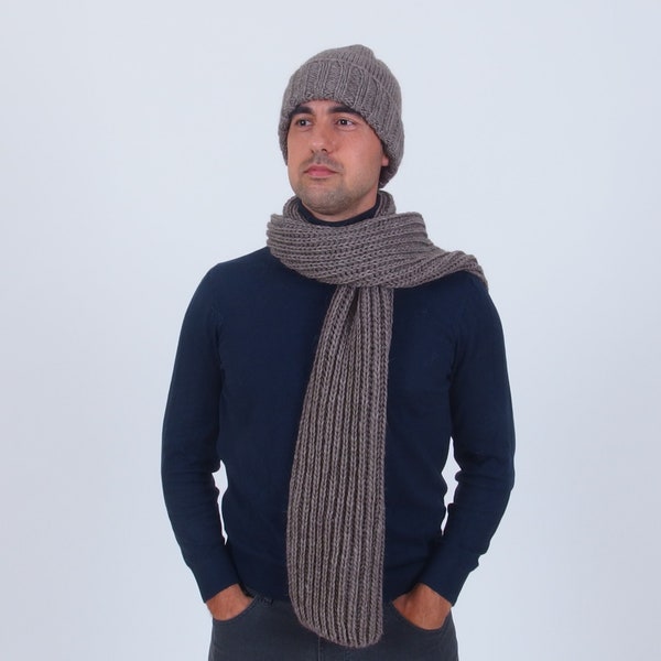 Ensemble bonnet et écharpe d'hiver pour hommes, bonnet d'hiver épais en tricot main, bonnet d'hiver en laine d'alpaga, bonnet et écharpe chauds en laine mérinos