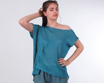 Asymmetrical off the shoulder top, Boat neck summer cotton top in petrol blue, Slouchy oversized cinched blouse