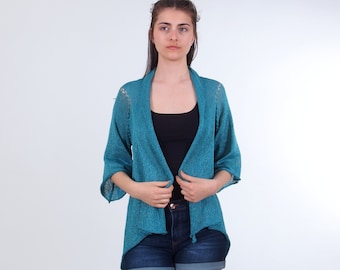 Cardigan d'été en tricot pour femme, Cardigan long bleu pétrole, Cardigan printemps-été léger en coton bleu sarcelle foncé, Taille plus