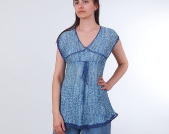 Sleeveless summer loose knit top, See through contrast seam shirt, Trendy crochet blouse