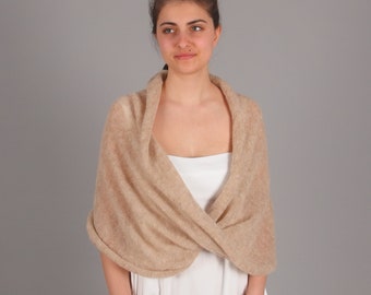 Twisted wedding shawl wrap, Mohair bridal cape, Infinity capelet for bride, Sheer plus size wedding cover up, Cream ivory white sweater