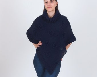 Poncho en alpaga à col roulé, Cape en laine mérinos tricotée à la main, Poncho floral d’hiver à col roulé, Poncho triangle taille Plus