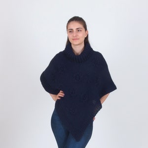 Roll neck alpaca poncho, Hand knit merino wool cape, Turtleneck winter floral poncho, Plus size triangle poncho Dark blue