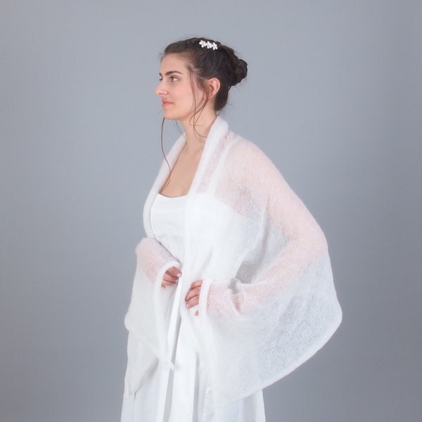 Long wedding shawl, Mohair wool bridal scarf, Fall winter bridesmaid shawl, Wide white bride stole, Wedding dress topper, Warm cover up