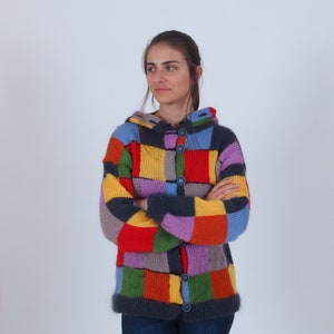 Color block patchwork cardigan, Harry Styles cardigan sweater, Colorful warm mohair wool cardigan, Multicolor abstract button up cardigan