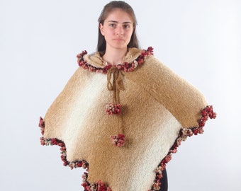 Knit poncho sweater with hood, Hooded wool cape for women, Warm winter triangle pullover poncho with fringes
