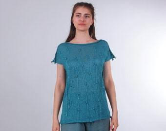 Haut d’été tricoté à la main avec franges, Joli top en coton d’été, pull Boho à manches courtes avec col bateau en bleu sarcelle