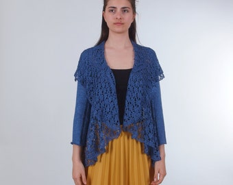 Hand knit lace cardigan, Handmade open front sweater with shawl collar, Pointelle lace cotton knitwear