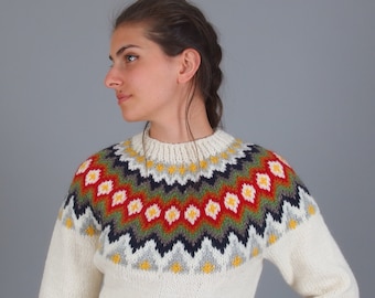 Traditional icelandic sweater, Alpaca wool hand knit sweater, Winter nordic jumper, Warm women's fair isle pullover