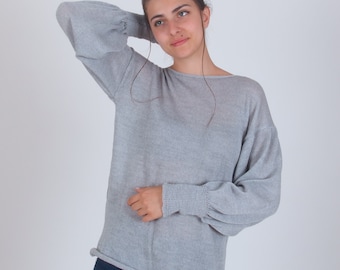 Merino wool sweater, Balloon sleeve jumper in light grey, Cozy fall autumn winter women's top, Extra fine wool