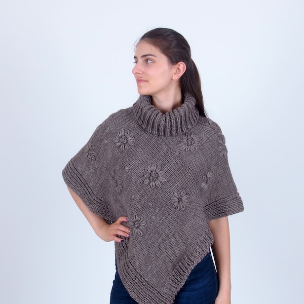 Roll neck alpaca poncho, Hand knit merino wool cape, Turtleneck winter floral poncho, Plus size triangle poncho