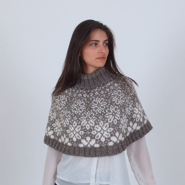 Turtleneck women's capelet, Hand knit floral poncho, Alpaca merino wool sweater, Norwegian icelandic pattern, Roll neck pullover jumper