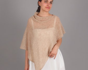 Sheer bridal poncho with decorative holes, See through wedding dress cape, Bridal cover up with eyelet openings, Fuzzy lightweight mohair