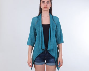 Long flowy open front cardigan, Thin sheer summer cardigan sweater, See through spring cardigan in teal petrol blue