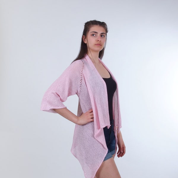 Cardigan avant ouvert transparent, Pull mince long cardigan d’été, Flowy voir à travers le cardigan de printemps en rose