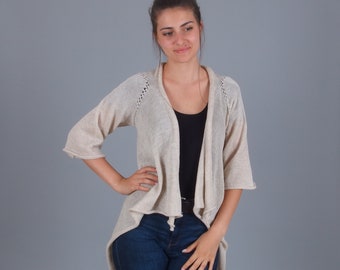 Drapey merino wool cardigan sweater, Open front cream melange cardigan, Lightweight fall autumn cardigan, Super soft pure natural wool