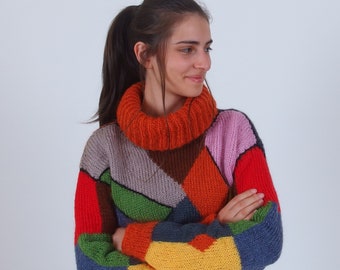 Pull mohair col roulé, pull col roulé patchwork, pull asymétrique color block, pull d’hiver multicolore coloré, 100% tricoté main